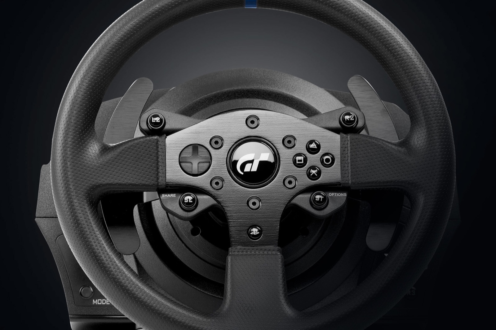 Racing wheel on a sim rig — official Thrustmaster photography