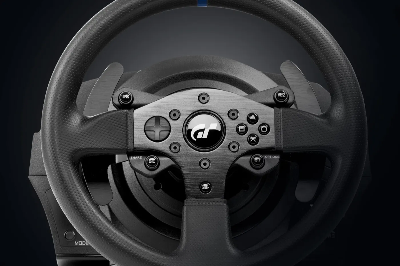 Thrustmaster racing wheel close-up on the test rig