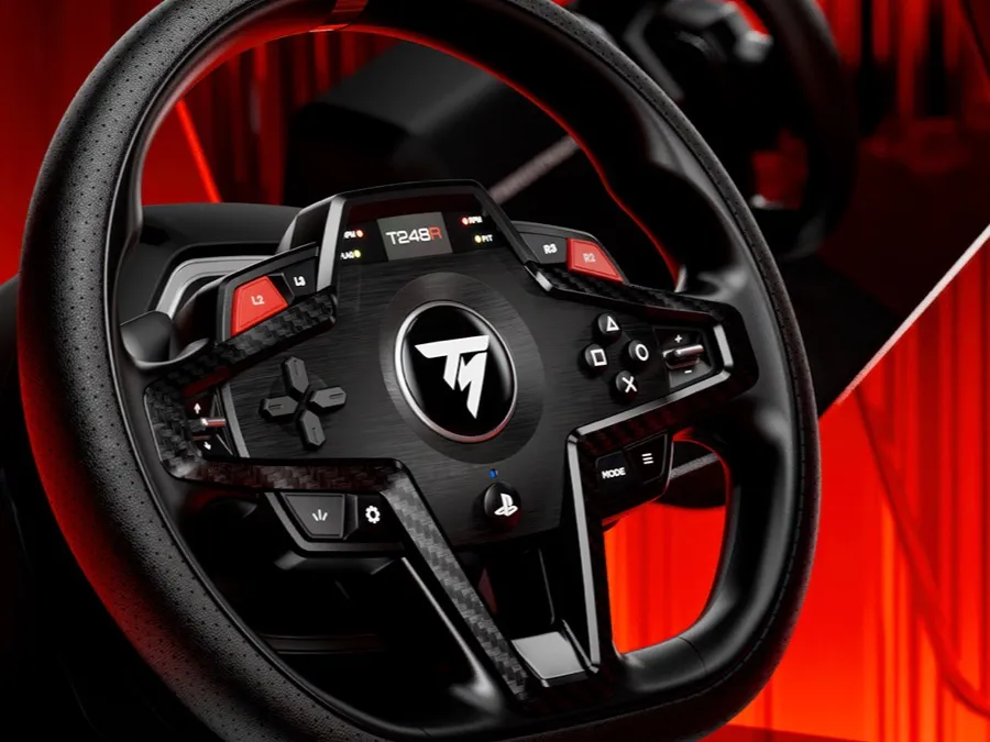 Thrustmaster T248R racing wheel showing the LCD race display